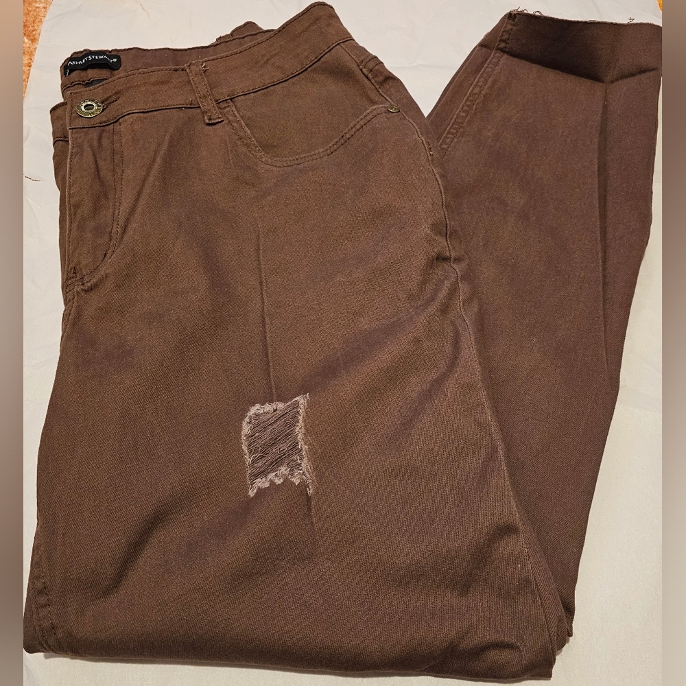 Ashley Stewart NWT Skinny Distressed Dark Brown Denim Sz 16